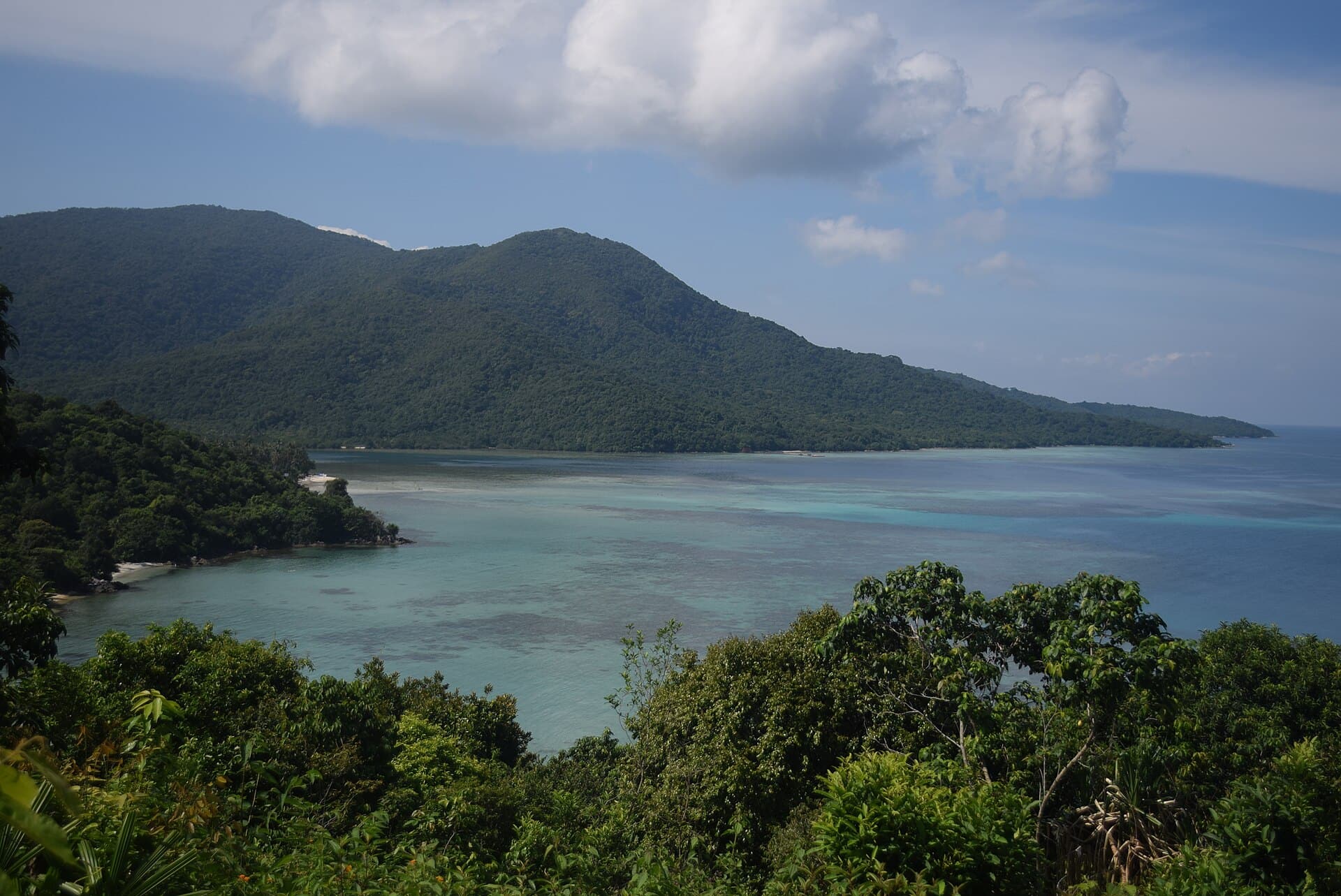 A forested headland and a calm bay seen from a hill on Karimunjawa